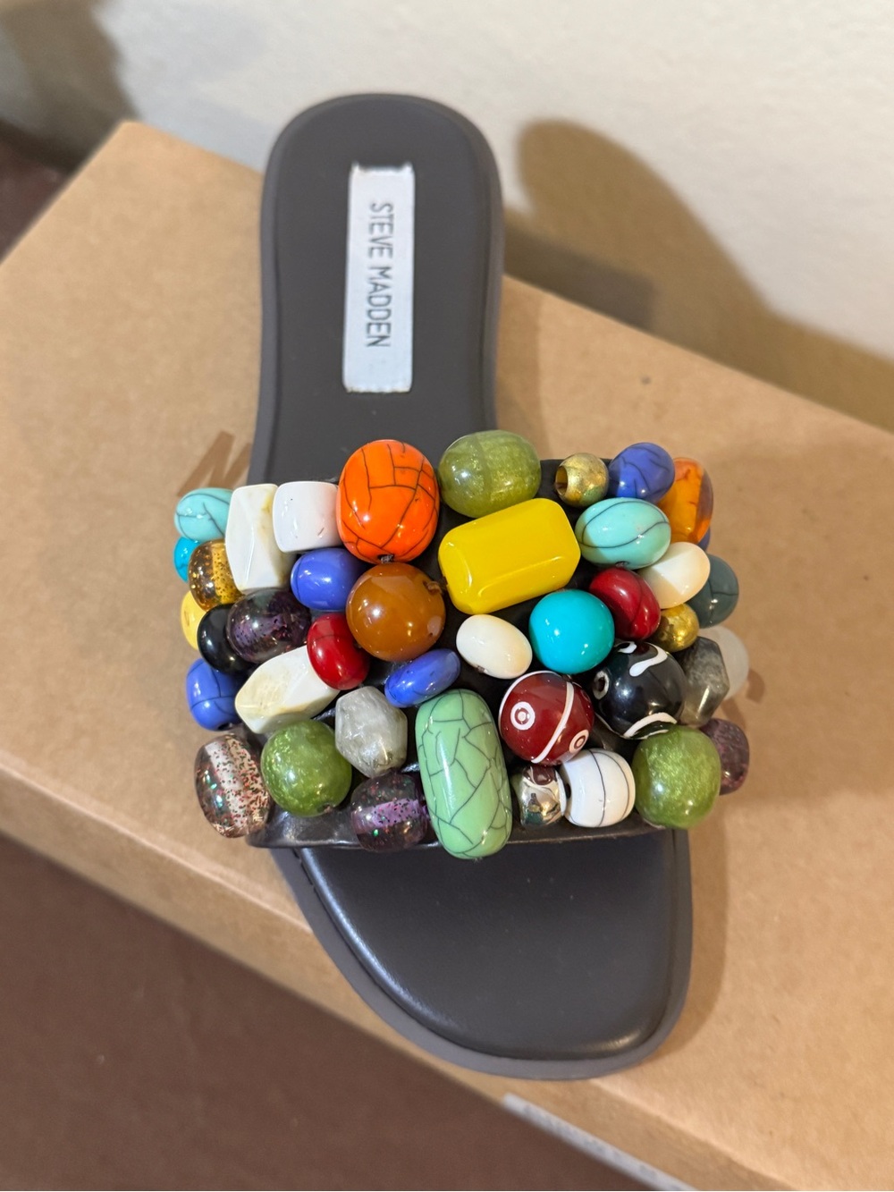 Steve Madden Black Slide Sandal with Multicolor Beaded Strap (knicky b) - Picture 3 of 7